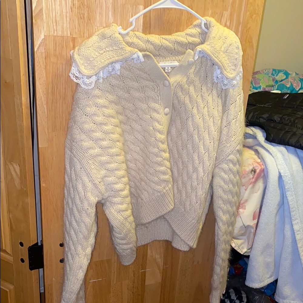Cream Cable Knit Sweater with Lace Collar